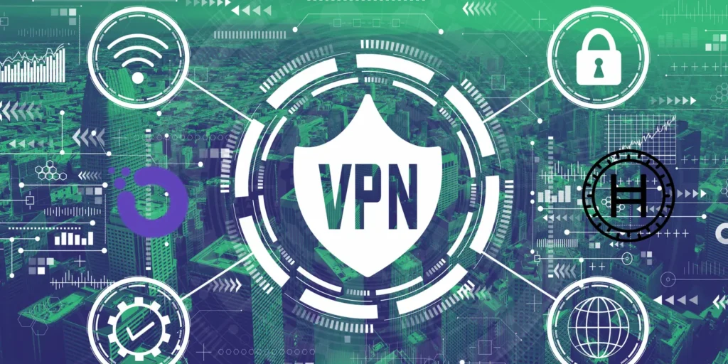 VPN security concept with Web3 icons and Hedera Hashgraph integration overlay