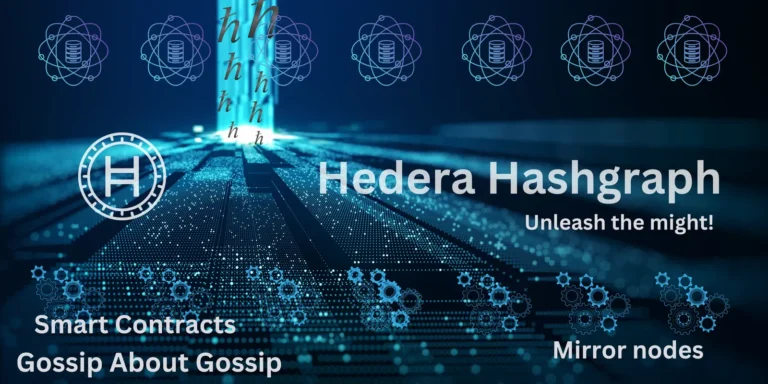 Futuristic digital rendering of Hedera Hashgraph technology featuring smart contracts, gossip about gossip, and mirror nodes in a glowing network landscape.